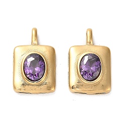Amethyst Real 14K Gold Plated 304 Stainless Steel Pendants, with Glass Rhinestone, Rectangle Charms, Amethyst, 20x12.5x4.5mm, Hole: 4.5x2mm