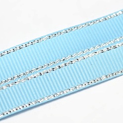 Sky Blue Polyester Grosgrain Ribbons for Gift Packing, Silver Wired Edge Ribbon, Sky Blue, 1/4 inch(6mm), about 100yards/roll(91.44m/roll)