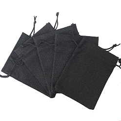 Black Rectangle Burlap Storage Bags, Drawstring Pouches Packaging Bag, Black, 14x10cm