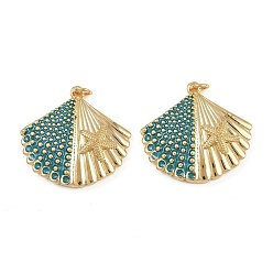 чирок Латунь эмаль подвески, с целью перехода в кольце, форма ракушки с подвеской в виде морской звезды, реальный 18 k позолоченный, стойки покрытие, без свинца и без кадмия, долговечный, зелено-синие, 26x28x5 мм, отверстие : 3 мм