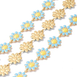 Light Sky Blue 304 Stainless Steel Daisy Flower Link Chains with Enamel, Unwelded, Golden, Light Sky Blue, 14x10x1mm