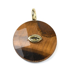 Tiger Eye Natural Tiger Eye Faceted Pendants, Flat Round Charms, with Rack Plating Golden Tone Brass Micro Pave Cubic Zirconia Findings, Horse Eye, 32.5~33x25~25.5x7~7.5mm, Hole: 4mm
