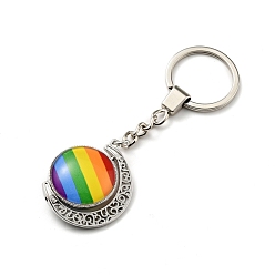 Rainbow Pride Rainbow Alloy Glass Keychain, with Iron Key Rings, Rotatable, Flat Round with Moon, Rainbow Pattern, 10.45cm