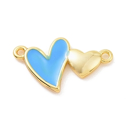Deep Sky Blue Eco-friendly Rack Plating Brass Enamel Connector Charms, Cadmium Free & Lead Free, Long-Lasting Plated, Double Heart Links, Real 18K Gold Plated, Deep Sky Blue, 10.5x17.5x2mm, Hole: 1mm