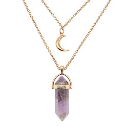 Amethyst Natural Amethyst Cone Pendant Double Layer Necklace, with Moon Charms, 19.69 inch(50cm)