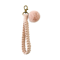 Misty Rose Handmade Macrame Braided Cotton Cord Pendant Decorations, Boho Weave Wristlet with Fur Ball and Alloy Clasp, Misty Rose, Perimeter: 230mm