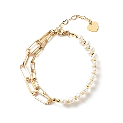 White Round Shell Pearl Beaded Bracelets, with Brass Paperclip Chains, Golden, White, 7-1/2 inch(19.1cm)