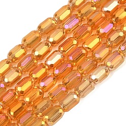 Orange Galvanisieren Glasperlen, facettiert, AB Farbe, Kolumne, orange, 4x5~6 mm, Bohrung: 1 mm, ca. 80 Stk. / Strang, 40~48 cm