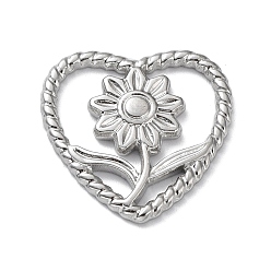 Stainless Steel Color 304 Stainless Steel Cabochons, Heart with Flower, Stainless Steel Color, 21x21x2mm