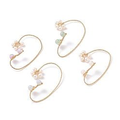 Mixed Stone Natural Gemstone & Pearl Braided Flower Cuff Earrings, Gold Platd Brass Climber Wrap Around Earrings for Non Piercing, 58.5x37.5x1mm