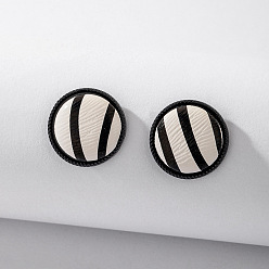 Silver Needle - Round Striped Earrings 925 Silver Geometric Earrings for Women, Black and White Striped Leather Square Circle Studs with Minimalist Style and Fashionable Design
