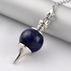Lapis Lazuli Natural Lapis Lazuli Sphere Dowsing Pendulums, with Platinum Tone Brass Cross Chain & Lobster Claw Clasps, 225~240mm