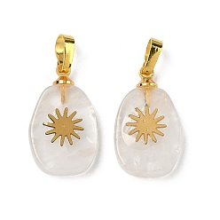 Хрусталь Природного кварца хрустальных подвесок, плоские овальные подвески из горного хрусталя с золотистым оттенком 304 солнечные ломтики из нержавеющей стали и латунные застежки-кнопки, 19~20.5x12~12.3x3.5~4 мм, отверстие : 6x3 мм