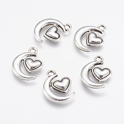 Antique Silver Alloy Pendants, Moon and Heart, Antique Silver, 17x13x2mm, Hole: 2mm