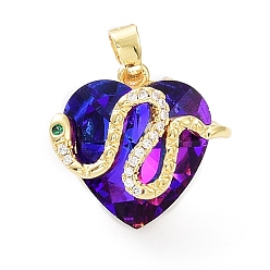 Dark Blue Real 18K Gold Plated Rack Plating Brass Micro Pave Cubic Zirconia Pendants, with Glass, Long-Lasting Plated, Cadmium Free & Lead Free, Snake with Heart, Dark Blue, 21x22.5~23x12.5~13.5mm, Hole: 3.5x5mm