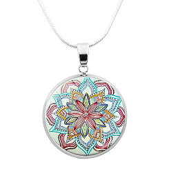 Honeydew Glass Mandala Flower Dome Pendant Necklace, Platinum Brass Jewelry for Women, Honeydew, 24.21 inch(61.5cm)