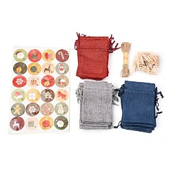 Mixed Color 24 Days Burlap Hanging Advent Calendars, DIY Xmas Countdown Christmas Decorations, with Stickers & Clips & Rope & 3 Colors Burlap Pouches, 30.7x20cm