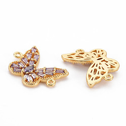 Real 18K Gold Plated Brass Cubic Zirconia Links Connectors, Nickel Free, Butterfly, Lilac, Real 18K Gold Plated, 13x18x2.5mm, Hole: 1mm