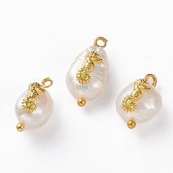 Golden Natural Keshi Pearl Pendants, with Alloy Cabochons and Brass Loops, Nuggets with Sea Horse, Golden, 13~16x8~9x5~8mm, Hole: 2mm