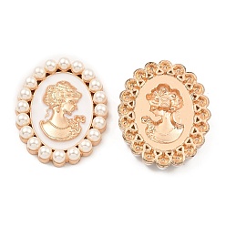 Lavender Blush Zinc Alloy Enamel Cabochons, with Plastic Imitation Pearls, Oval with Woman, Light Gold, Lavender Blush, 53x42x7.5mm