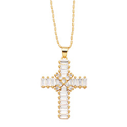 Clear Brass Micro Pave Cubic Zirconia Pendant Necklaces, Cross, Clear, 16.54 inch(42cm)