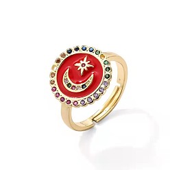 01 Stylish Star and Moon Oil Drop Ring for Women, 18K Gold Plated Copper with Micro Inlaid Zircon Stone