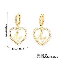 Letter M Латунные серьги-кольца в форме сердца, с четким кубического циркония, золотые, Буква М, 31x18 мм