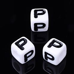 Letter P Letter Acrylic Beads, Cube, White, Letter P, Size: about 7mm wide, 7mm long, 7mm high, hole: 3.5mm, about 2000pcs/500g