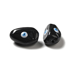 Black Opaque Glass Beads, with Enamel, Oval with Evil Eye, Black, 19~20x10.5~13x10~11mm, Hole: 1.4mm