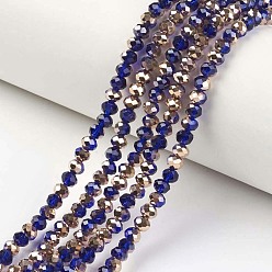 Dark Blue Electroplate Transparent Glass Beads Strands, Half Copper Plated, Faceted, Rondelle, Dark Blue, 3x2mm, Hole: 0.8mm, about 150~155pcs/strand, 15~16 inch(38~40cm)