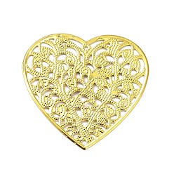 Golden Rack Plating Iron Filigree Pendants, Heart Charm, Golden, 46x45.5x0.6mm, Hole: 1.4mm