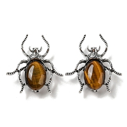 Tiger Eye Dual-use Items Alloy Spider Brooch, with Natural Tiger Eye, Antique Silver, 42x38x12~13mm, Hole: 4.5x4mm