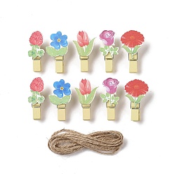 Mixed Color Flower Theme Wooden & Iron Clothes Pins, with Hemp Rope for Hanging Note, Photo, Clothes, Office School Supplies, Mixed Color, Clip: 39~40x16~23x11~12.5mm, 10pcs, Rope: 1400~1450x1.5mm, 1 bundle