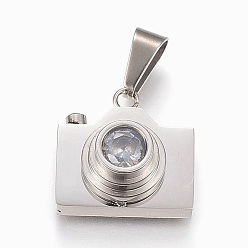Stainless Steel Color 304 Stainless Steel Cubic Zirconia Pendants, Camera, Stainless Steel Color, 19.5x19.5x10mm, Hole: 5x10mm