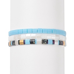 Light Sky Blue 3Pcs 3 Style Glass Seed Rectangle Beaded Stretch Bracelets Set, Tile Bracelets for Women, Light Sky Blue, Inner Diameter: 2-1/8 inch(5.45cm), 1Pc/style