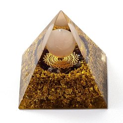 Rose Quartz Orgonite Pyramid, Resin Pointed Home Display Decorations, with Natural Rose Quartz and Brass Findings Inside, 50x50x50mm