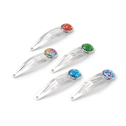 Mixed Color Iron Snap Hair Clips, with Half Round/Dome with Fish Scale Pattern Glass Cabochons for Woman Girls, Platinum, Mixed Color, 53x13.5x5mm