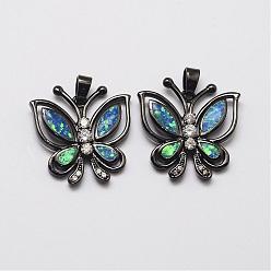 Gunmetal Brass Micro Pave Cubic Zirconia Pendants, with Synthetic Opal, Butterfly, Cadmium Free & Lead Free, Gunmetal, 24x23x4mm, Hole: 3x5mm