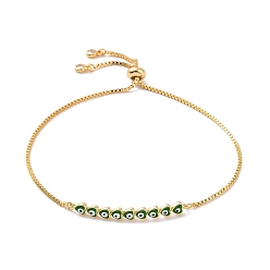 Green Enamel Heart with Evil Eye Link Slider Bracelet with Cubic Zirconia, Real 18K Gold Plated Brass Lucky Jewelry for Women, Green, Inner Diameter: 1/2~3-1/4 inch(1.2~8.3cm)