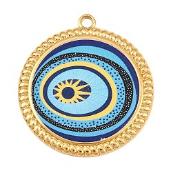 Azul Cielo 304 colgantes de acero inoxidable, Plano y redondo con amuletos del mal de ojo y del sol., revestimiento de iones (ip), real 18 k chapado en oro, luz azul cielo, 38.5x35x2.5 mm, agujero: 2.5 mm