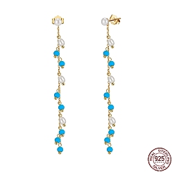 Real 14K Gold Plated Dyed Natural Turquoise & Pearl Dangle Stud Earrings, 925 Sterling Silver Tassel Earrings, with S925 Stamp, Real 14K Gold Plated, 65mm