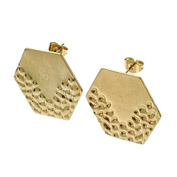 Real 18K Gold Plated Ion Plating(IP) 201 Stainless Steel Stud Earrings, with 304 Stainless Steel Pins, Textured Hexagon, Real 18K Gold Plated, 23x26mm
