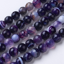 Purple Natural Striped Agate/Banded Agate Beads Strands, Dyed & Heated, Faceted, Grade A, Round, Purple, 6mm, Hole: 1mm, about 62pcs/strand, 14.9 inch(38cm)