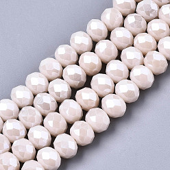 Misty Rose Electroplate Glass Beads Strands, Pearl Luster Plated, Faceted, Rondelle, Misty Rose, 6x5mm, Hole: 1mm, about 85~88pcs/strand, 16.1~16.5 inch(41~42cm)