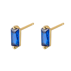 Blue Cubic Zirconia Rectangle Stud Earrings, Golden 925 Sterling Silver Post Earrings, with 925 Stamp, Blue, 7.8x3mm