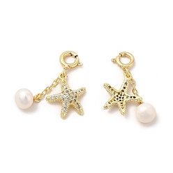 Real 14K Gold Plated Natural Pearl Spring Ring Clasp Charms, with Brass Micro Pave Clear Cubic Zirconia Starfish Pendants, Real 14K Gold Plated, 125mm
