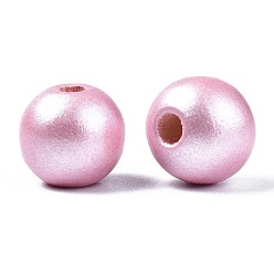 Pearl Pink Painted Natural Wood Beads, Pearlized, Round, Pearl Pink, 10x8.5mm, Hole: 3mm