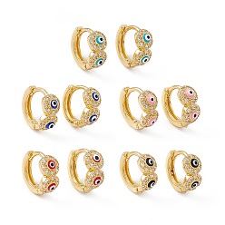 Mixed Color Clear Cubic Zirconia Evil Eye Hoop Earrings with Enamel, Real 18K Gold Plated Brass Jewelry for Women, Lead Free & Cadmium Free, Mixed Color, 11.5x12.5x5.5mm, Pin: 1mm