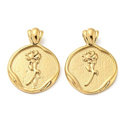 Real 14K Gold Plated 304 Stainless Steel Pendants, Flat Round with Rose Charm, Real 14K Gold Plated, 19x14.5x4mm, Hole: 3x1.7mm