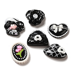 Black Opaque Resin Decoden Cabochons, Flower & Lady & Hat, Mixed Shapes, Black, 19~27x22~30x8~9.5mm